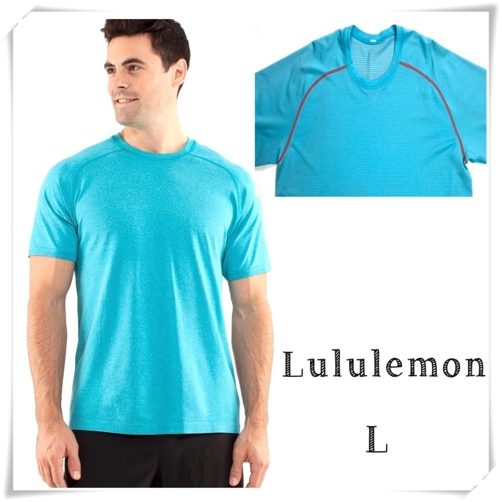 LULULEMON Metal Vent Tech Short Sleeve T-Shirt in Turquoise Blue Orange Stitch